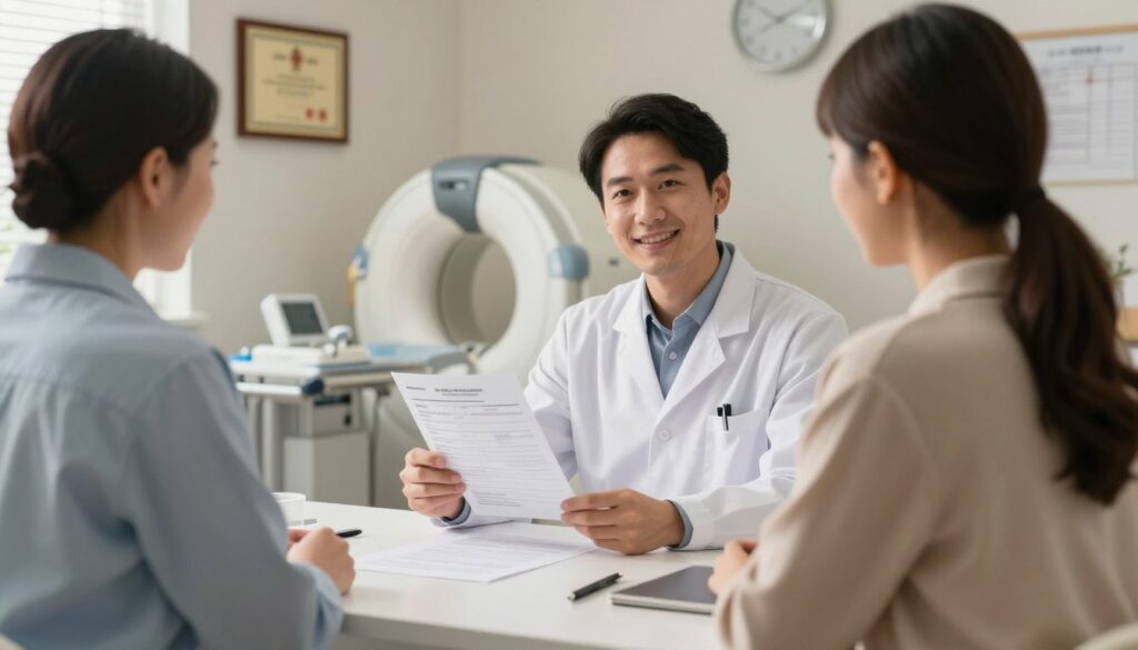 A medical office setting with a patient sitting in a private consultation room, looking at a friendly healthcare professional. The professional is dressed in a white lab coat, holding a referral form for a CT scan. In the foreground, the paperwork and a pen are on a clean, organized desk. In the middle ground, a wall-mounted diploma and a clock can be seen, emphasizing professionalism. The background should feature a modern medical imaging machine, subtly lit with soft, warm colors to create a welcoming atmosphere. Use natural daylight filtering through a window, casting soft shadows for a relaxed yet informative mood. The angle should be slightly elevated, capturing the interaction and environment effectively.
