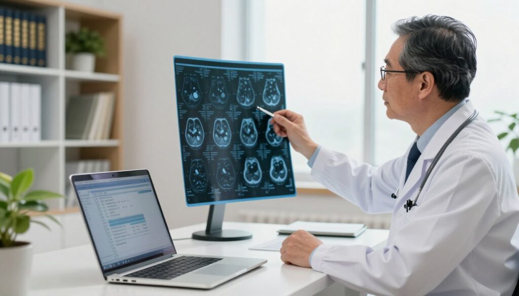 A medical professional, a middle-aged male doctor in a white coat, stands in a well-lit hospital office, examining a large CT scan image displayed on a digital screen. He looks thoughtful as he points at the scan with a pen. In the foreground, a sleek, modern laptop sits open on the desk, displaying medical charts and patient information. In the background, shelves filled with medical textbooks and a potted plant add warmth to the professional setting. Natural light streams in through a window, creating a bright and inviting atmosphere. The focus is on the doctor and the display screen, emphasizing the importance of referrals in medical diagnostics. Ensure the image is devoid of text or logos. A medical professional, a middle-aged male doctor in a white coat, stands in a well-lit hospital office, examining a large CT scan image displayed on a digital screen. He looks thoughtful as he points at the scan with a pen. In the foreground, a sleek, modern laptop sits open on the desk, displaying medical charts and patient information. In the background, shelves filled with medical textbooks and a potted plant add warmth to the professional setting. Natural light streams in through a window, creating a bright and inviting atmosphere. The focus is on the doctor and the display screen, emphasizing the importance of referrals in medical diagnostics. Ensure the image is devoid of text or logos.
