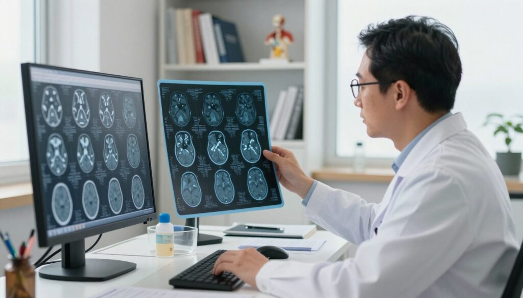 A medical professional, a neurologist, wearing a white lab coat and glasses, examines an MRI scan of a brain on a computer screen in a well-lit hospital room. The foreground features a detailed close-up of the monitor displaying brain scan images, highlighting areas often associated with epilepsy. In the middle ground, the neurologist studies the scan with a focused expression, surrounded by medical instruments and charts. The background shows shelves filled with medical books and anatomical models. Soft, natural lighting streams through a window, creating a calm atmosphere. The overall mood is serious and informative, emphasizing the complexity of diagnosing epilepsy and the critical role of MRI and EEG tests in understanding patient symptoms.