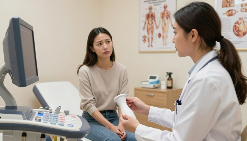 A medical professional, a woman in a white coat, is consulting with a patient in an examination room. The foreground features the doctor, who is focused and compassionate, explaining the purpose of a transvaginal ultrasound. In the middle ground, the patient, a woman in modest casual clothing, looks attentive and slightly anxious, sitting on the examination table with medical equipment nearby. The background showcases a clinical environment, including anatomical posters on the walls and medical instruments on a cart. The lighting is warm and inviting, creating a sense of trust and professionalism. The composition is shot from a slightly low angle to emphasize the doctor’s authoritative presence while maintaining a friendly atmosphere, capturing the moment when the doctor communicates the importance of the exam.
