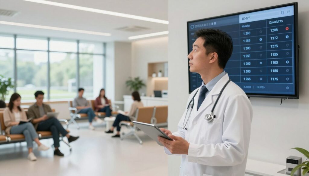 A medical professional at a modern healthcare facility, examining a digital scheduling board displaying various MRI appointment dates and times. In the foreground, a doctor in a crisp white lab coat, holding a tablet, with a look of concentration as they compare available MRI slots. In the middle, a brightly lit waiting area is visible, showcasing comfortable seating and patients seated, reviewing their schedules. In the background, large windows let in natural light, illuminating the space and hinting at a serene outdoor environment. The atmosphere is professional and efficient, conveying a sense of urgency while maintaining a calm demeanor. The image is shot from a slight angle to emphasize the doctor’s engagement with the scheduling board, creating a sense of depth and focus.
