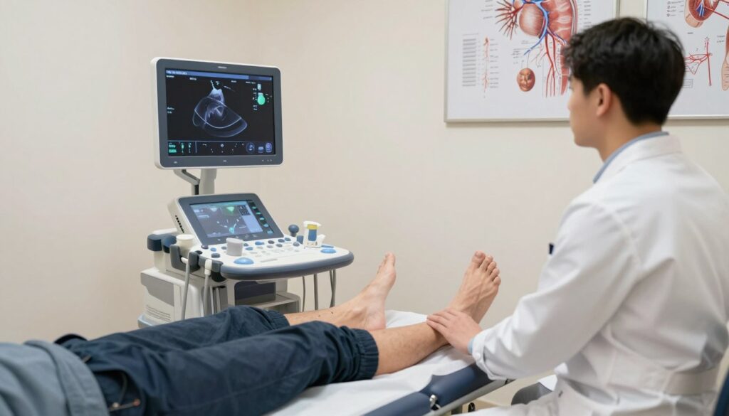 A medical professional conducting a Doppler ultrasound examination of lower extremities in a clinical setting. In the foreground, depict a doctor in a lab coat using an ultrasound machine with a clear display screen showing the flow of blood in leg veins. The patient, wearing modest casual clothing, is comfortably positioned on an examination table, with their leg gently exposed. The middle ground includes high-tech medical equipment and diagrams of vascular anatomy on the walls. The background features soft, sterile lighting creating a calm atmosphere, with subtle shadows enhancing the professionalism of the scene. Use a wide-angle perspective to capture the detailed environment, emphasizing the importance of Doppler ultrasound in assessing venous insufficiency.