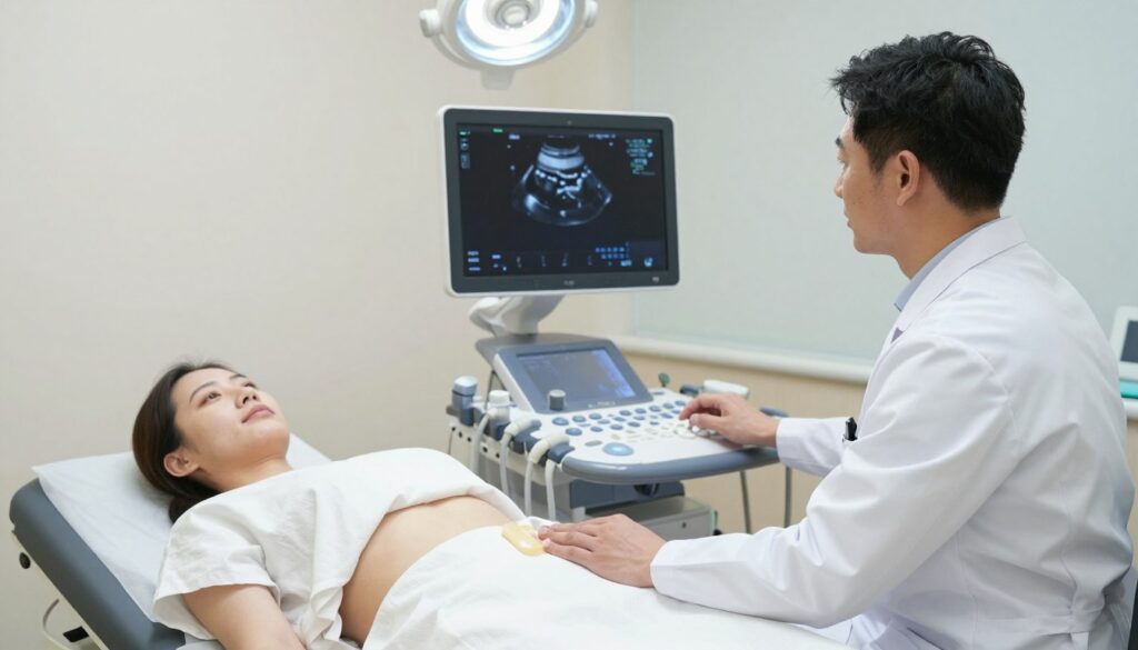 A medical professional conducting an abdominal ultrasound examination in a clean, well-lit clinic room. In the foreground, a doctor dressed in a white coat and professional attire is gently applying ultrasound gel on a patient's abdomen, showcasing the detailed ultrasound machine with screen displaying live images of the organs. The middle ground features a comfortable examination bed with the patient, who is dressed in a modest hospital gown, looking relaxed. In the background, bright overhead lights and medical instruments can be seen, enhancing the professional atmosphere. The overall mood is calm and reassuring, highlighting the precision and care involved in the ultrasound process, captured from a slightly elevated angle for an informative perspective.