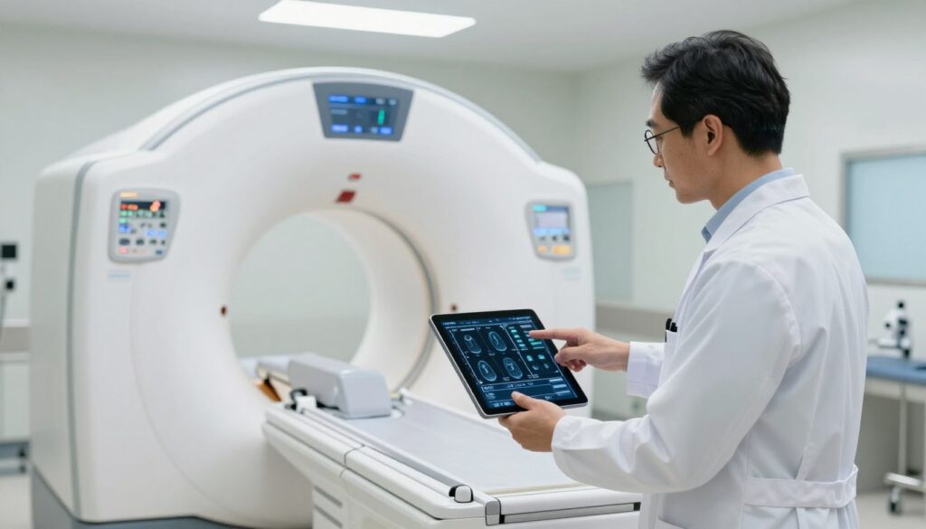 A medical professional, dressed in a white coat and glasses, stands next to a modern CT scanner in a well-lit hospital room. The foreground features the healthcare worker pointing to a detailed diagram on a tablet, illustrating the recommended frequency of CT scans. In the middle ground, the advanced CT machine is sleek and imposing, emphasizing its importance in medical diagnostics. The background includes softly blurred medical equipment and bright overhead lighting, creating a clinical yet inviting atmosphere. The mood is informative and professional, evoking a sense of trust in medical technology. Shadows and highlights are balanced to enhance the details of the scene, reflecting a sterile but calming environment suitable for patient care. A medical professional, dressed in a white coat and glasses, stands next to a modern CT scanner in a well-lit hospital room. The foreground features the healthcare worker pointing to a detailed diagram on a tablet, illustrating the recommended frequency of CT scans. In the middle ground, the advanced CT machine is sleek and imposing, emphasizing its importance in medical diagnostics. The background includes softly blurred medical equipment and bright overhead lighting, creating a clinical yet inviting atmosphere. The mood is informative and professional, evoking a sense of trust in medical technology. Shadows and highlights are balanced to enhance the details of the scene, reflecting a sterile but calming environment suitable for patient care.
