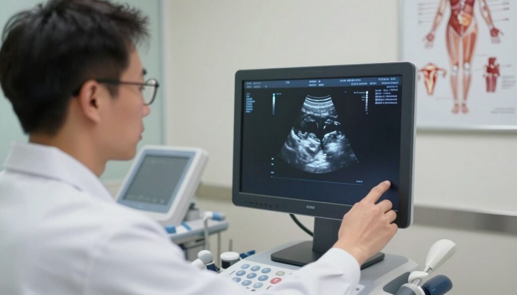 A medical professional, dressed in a white lab coat and wearing glasses, is examining a high-resolution ultrasound image of a breast on a digital screen in a well-lit clinic. The background features medical equipment and anatomical posters detailing the female reproductive cycle, subtly enhancing the educational aspect. The lighting is soft yet focused, creating a clinical but inviting atmosphere. The ultrasound screen shows a clear, detailed image of breast tissue, symbolizing the importance of the timing of the examination during the menstrual cycle. The angle captures both the professional’s focused expression and the ultrasound screen, emphasizing the relationship between the procedure and the menstrual cycle phases.