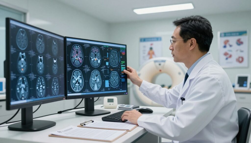 A medical professional, dressed in a white lab coat, stands in a well-lit, modern radiology office, examining a detailed MRI scan results displayed on a large screen. The foreground features a sharp close-up of the screen showing colorful and intricate MRI images of the human brain. In the middle, a desk cluttered with paperwork, a clipboard, and a patient’s medical file indicates a busy work environment. The background includes medical posters illustrating the MRI process, while soft overhead lights create a calm and sterile atmosphere. The angle should highlight the intensity of the medical evaluation, conveying a sense of urgency and professionalism in the interpretation of MRI results.