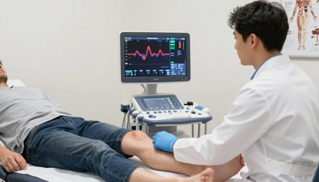 A medical professional in a bright, clean examination room conducting a Doppler ultrasound on a patient's lower limb. The technician, wearing a white coat and blue gloves, is focused on the screen displaying colorful Doppler waveforms, showcasing blood flow in vibrant hues of red and blue. The patient is seated comfortably on an examination bed, dressed in modest, casual clothing. In the background, essential medical equipment, like a Doppler ultrasound machine and anatomical charts of veins, add context. Soft, natural light illuminates the space, creating a calm and professional atmosphere. The angle captures both the technician's concentration and the detailed images on the monitor, emphasizing the importance of the Doppler assessment in evaluating venous insufficiency.