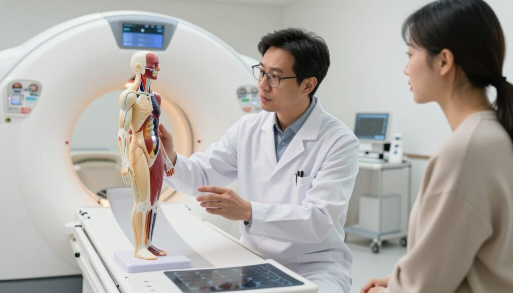 A medical professional in a bright, modern clinic setting, attentively discussing a CT scan procedure with a patient. The doctor, wearing a crisp white lab coat and glasses, gestures towards an anatomical model of the human body, emphasizing the importance of fasting before the scan. The patient, dressed in modest, casual clothing, looks engaged and curious. In the background, medical equipment is softly lit, showcasing a sleek CT scanner and basic medical supplies. The atmosphere is calm and informative, with soft, natural lighting that creates a welcoming environment. The focal point is on the interaction between the doctor and patient, capturing a moment of education and care in a healthcare setting.