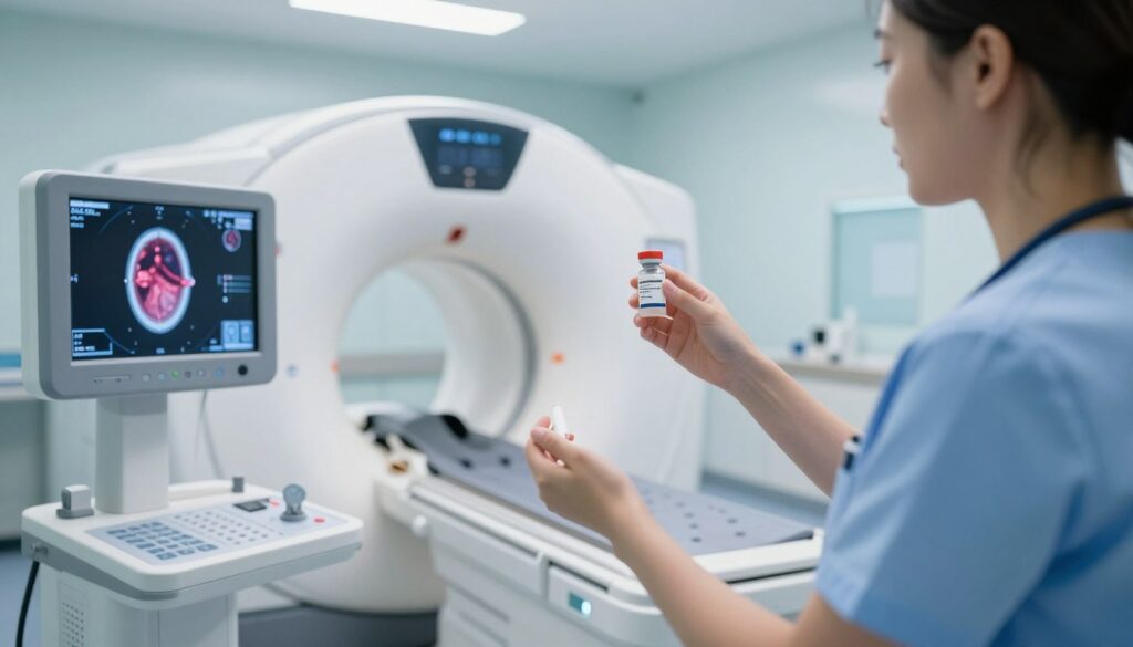 A medical professional in a clean, modern hospital setting, demonstrating the use of contrast agents in MRI diagnostics. In the foreground, focus on a clinician wearing professional attire, holding a vial of a contrast agent and explaining its significance. In the middle ground, a state-of-the-art MRI machine is visible, with a detailed view of the control console and imaging screen displaying enhanced contrast images of a tumor. The background features a well-lit, sterile environment with soft blue and white lighting, conveying a sense of calm and professionalism. The atmosphere is informative and serious, emphasizing the importance of contrast in effective diagnostic imaging.