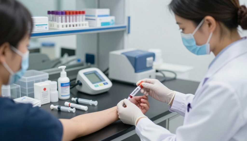 A medical professional in a clean, well-lit laboratory setting prepares to conduct a blood test for creatinine levels. In the foreground, a nurse in a white lab coat is shown carefully drawing blood from a patient’s arm, with a focus on the blood sample collection tube labeled "Creatinine." The middle ground features a modern laboratory countertop with medical equipment, such as syringes, antiseptic swabs, and a blood pressure monitor. In the background, shelves filled with neatly organized test tubes and medical supplies are visible. Soft, natural lighting creates an atmosphere of professionalism and care, emphasizing the importance of preparation before the procedure. The image should evoke a sense of trust and reassurance for patients undergoing the test.