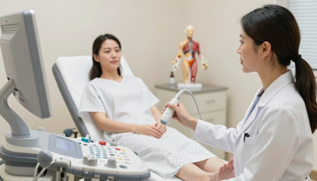A medical professional in a clinical setting is performing a transvaginal ultrasound examination. The foreground shows the doctor, a female in a white lab coat and professional attire, gently handling the ultrasound probe, focusing on the ultrasound monitor. The middle features the patient, a woman in modest hospital gown, positioned comfortably on an exam table, looking calm and reassured. The background includes medical equipment and anatomical models, emphasizing a structured and hygienic environment. Soft, natural lighting illuminates the room, creating a warm and inviting atmosphere. The angle captures both the doctor and the monitor clearly, highlighting the procedure's accuracy and professionalism, while ensuring a respectful portrayal of the medical examination context.