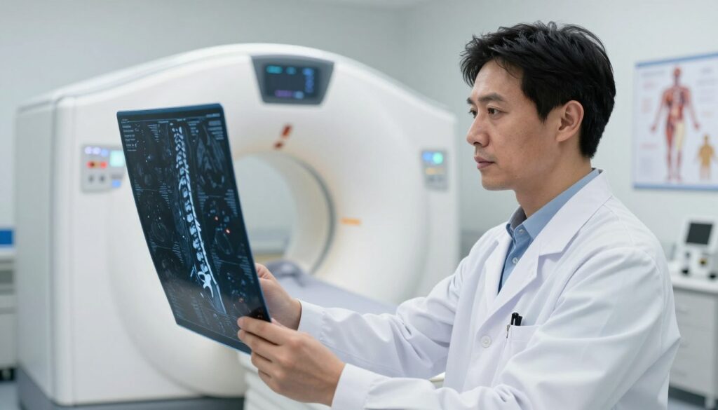 A medical professional in a pristine hospital environment, wearing a white lab coat and examining a digital MRI scan on a screen, displays an expression of concentration. In the foreground, the MRI image shows detailed cross-sections of a spine, highlighting abnormalities and potential issues. In the middle ground, a modern MRI machine is visible, softly illuminated by bright, clinical lighting that emphasizes the clean and sterile atmosphere. The background features medical charts and anatomical models, creating a comprehensive view of a healthcare setting. The overall mood is one of professionalism and focus, conveying the importance of MRI diagnostics in detecting spinal issues. Capture this scene with a slight depth of field to draw attention to the MRI scan itself.