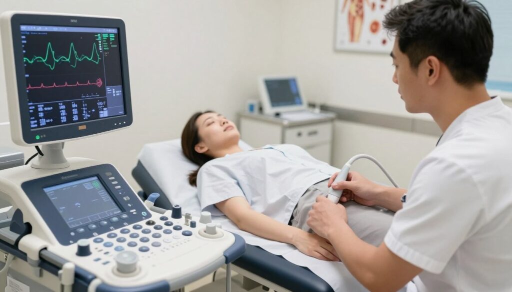 A medical professional performing a Doppler ultrasound on a patient’s neck in a clinical setting. In the foreground, depict the ultrasound machine with its monitor displaying a colorful Doppler image of the carotid arteries. The middle ground features a patient lying comfortably on an examination table, dressed in a modest medical gown, with a technician using the ultrasound probe on their neck. In the background, soft clinical lighting enhances the sterile environment, with medical equipment and anatomical charts subtly visible. Capture a focused and professional atmosphere, emphasizing care and precision in the imaging process, with an angle that showcases both the technician’s concentration and the technology being used.