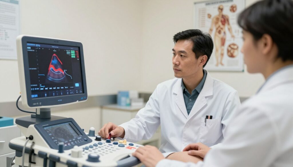 A medical professional using a Doppler ultrasound device to examine the abdominal aorta in a clinical setting. In the foreground, focus on the ultrasound machine displaying a detailed color Doppler scan of blood flow, with vibrant red and blue hues indicating arterial and venous flow. The middle section features a doctor in a white lab coat, wearing professional attire beneath, attentively observing the monitor, showing concentration and expertise. In the background, a well-lit clinical environment with medical charts and anatomical posters adds context. Soft, diffused lighting enhances the clinical atmosphere, while a slight depth of field brings attention to the interaction between the doctor and the ultrasound device, creating a calm yet focused mood.