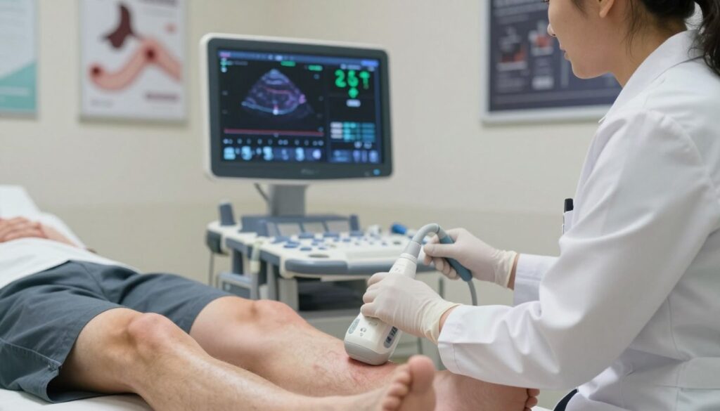 A medical scene depicting an ultrasound Doppler examination of lower limb veins. In the foreground, a healthcare professional in a white coat, wearing gloves, attentively uses an ultrasound device on a patient’s leg. The patient is in a comfortable position, wearing modest clothing. The middle ground shows a monitor displaying colorful Doppler images and waveforms, showcasing blood flow. The background features a well-equipped examination room with medical posters and soft, ambient lighting that creates a calm atmosphere. The scene is focused and professional, capturing the meticulous process of the ultrasound procedure, highlighting both the technology and the healthcare environment, with a depth of field that enhances the subject's clarity and detail. A medical scene depicting an ultrasound Doppler examination of lower limb veins. In the foreground, a healthcare professional in a white coat, wearing gloves, attentively uses an ultrasound device on a patient’s leg. The patient is in a comfortable position, wearing modest clothing. The middle ground shows a monitor displaying colorful Doppler images and waveforms, showcasing blood flow. The background features a well-equipped examination room with medical posters and soft, ambient lighting that creates a calm atmosphere. The scene is focused and professional, capturing the meticulous process of the ultrasound procedure, highlighting both the technology and the healthcare environment, with a depth of field that enhances the subject's clarity and detail.