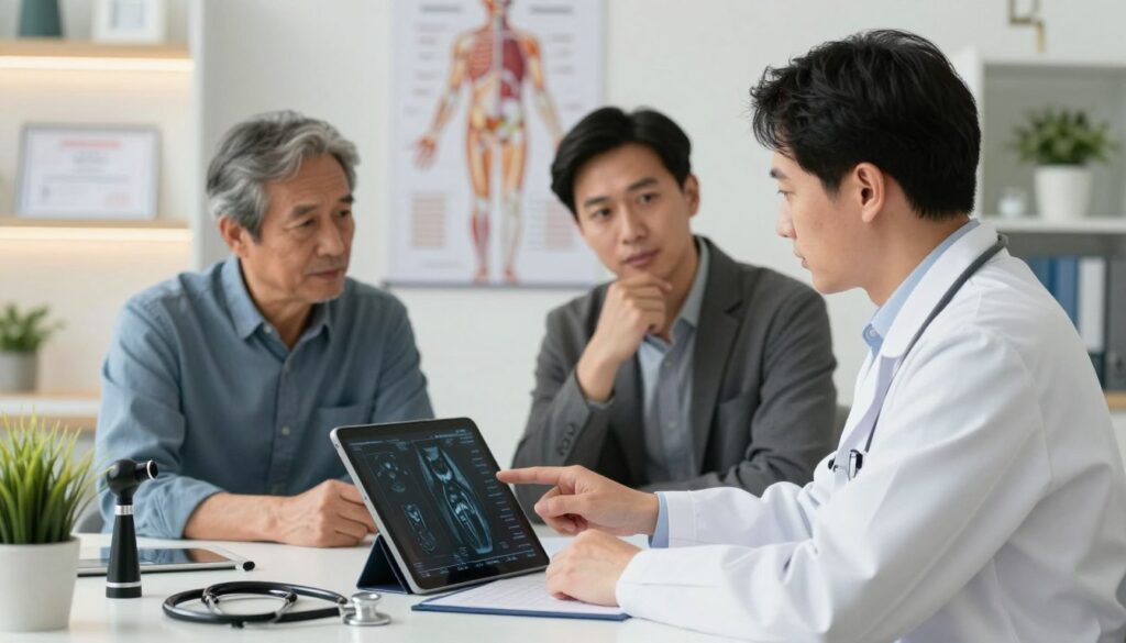 A medical scene illustrating a doctor consulting with a patient about hip MRI results. In the foreground, the doctor, dressed in a white lab coat, is seated at a desk, pointing to an MRI scan on a tablet. The patient, a middle-aged man in professional casual attire, appears attentive, with a thoughtful expression. In the middle ground, a detailed wall chart of the human hip joint and anatomy is visible, along with medical instruments like an otoscope and stethoscope. The background contains a soft-lit, modern clinic environment, with medical certificates and a potted plant adding warmth. The atmosphere is professional and reassuring, with soft, diffused lighting creating an inviting ambiance.