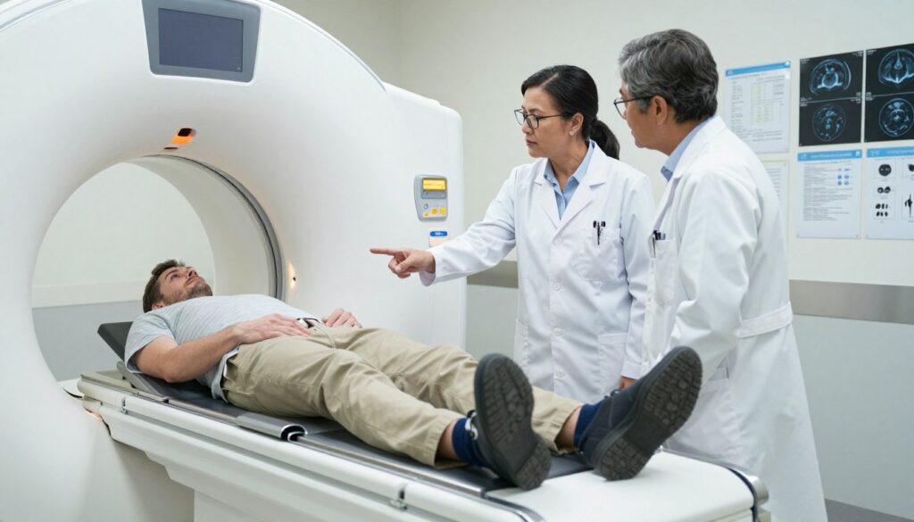 A medical setting featuring a doctor in a crisp white lab coat, looking attentively at a patient who is preparing for a spinal MRI examination. The doctor, a middle-aged Hispanic woman with glasses, is pointing towards the MRI machine, which is sleek and modern, situated prominently in the foreground. The patient, a young Caucasian man dressed in comfortable, modest clothing, is seated on the examination table, looking slightly apprehensive yet hopeful. The background shows medical charts and MRI images on the walls, with soft, bright lighting to create a calm atmosphere. The camera angle is slightly tilted downwards, providing a dynamic perspective that emphasizes the interaction between the doctor and the patient, embodying the importance of the MRI process.