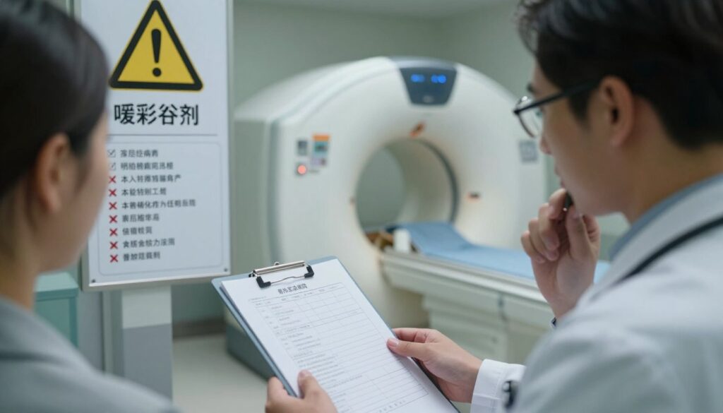 A medical setting focused on contraindications related to contrast-enhanced tomography. In the foreground, a doctor wearing a white coat and glasses, looking thoughtfully at a patient holding a medical questionnaire. In the middle ground, a display of common contraindications such as a warning sign against contrast agents, a list of medications, and food options with a red cross symbol. The background features a dimly lit medical room with a CT scanner, hinting at the environment of a medical procedure. Soft, clinical lighting illuminates the scene, conveying a serious and professional atmosphere. The angle is slightly elevated, giving a comprehensive view of the interaction and the important visual elements. The image promotes an understanding of careful medical assessment. A medical setting focused on contraindications related to contrast-enhanced tomography. In the foreground, a doctor wearing a white coat and glasses, looking thoughtfully at a patient holding a medical questionnaire. In the middle ground, a display of common contraindications such as a warning sign against contrast agents, a list of medications, and food options with a red cross symbol. The background features a dimly lit medical room with a CT scanner, hinting at the environment of a medical procedure. Soft, clinical lighting illuminates the scene, conveying a serious and professional atmosphere. The angle is slightly elevated, giving a comprehensive view of the interaction and the important visual elements. The image promotes an understanding of careful medical assessment.