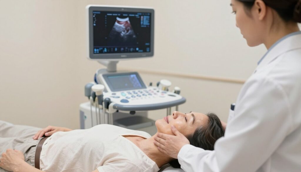A medical setting focusing on a thyroid ultrasound examination. In the foreground, a healthcare professional, dressed in a white lab coat, is gently applying gel to a patient’s neck, illustrating the preparation for the procedure. The patient, a middle-aged person wearing a comfortable, modest outfit, lies on an examination table, looking relaxed. In the middle ground, the ultrasound machine is prominently displayed, with its screen showing real-time images of the thyroid gland. The background features soft, neutral-colored walls and medical equipment, conveying a clean, professional atmosphere. The lighting is bright yet soft, enhancing the sense of calm and safety. The perspective is from slightly above eye level, providing a comprehensive view of the examination process. The mood is informative and reassuring, perfect for an educational context.