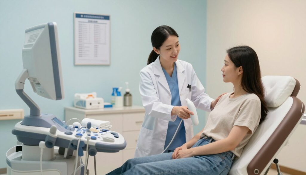 A medical setting with an ultrasound examination room as the foreground, featuring a clean, well-organized space. Include an ultrasound machine with a transvaginal probe prominently displayed, along with medical supplies like towels and gloves neatly arranged. In the middle ground, show a female doctor in professional attire, demonstrating warmth and reassurance as she explains the procedure to a patient, who is seated in a comfortable examination chair, dressed in modest casual clothing. The background should have soft, warm lighting to create a calming atmosphere, with pale blue walls and medical charts on display. The scene should evoke a sense of professionalism and care, focusing on patient comfort and preparation for the transvaginal ultrasound exam.