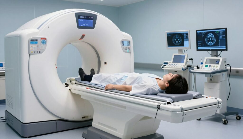 A medical tomography room showcasing a modern CT scanner in the foreground, designed with sleek white and metallic elements. The middle ground features a patient lying comfortably on the scanning table, dressed in a modest hospital gown, surrounded by technical equipment and monitors displaying medical imagery. In the background, soft blue and white lighting creates a sterile yet calming atmosphere, emphasizing the professionalism of the medical environment. The angle highlights the scanner's intricate mechanics while capturing the patient’s serene expression, suggesting a stress-free experience. The image evokes a sense of trust and safety, illustrating the process of an uncomplicated head tomography without any preparation.