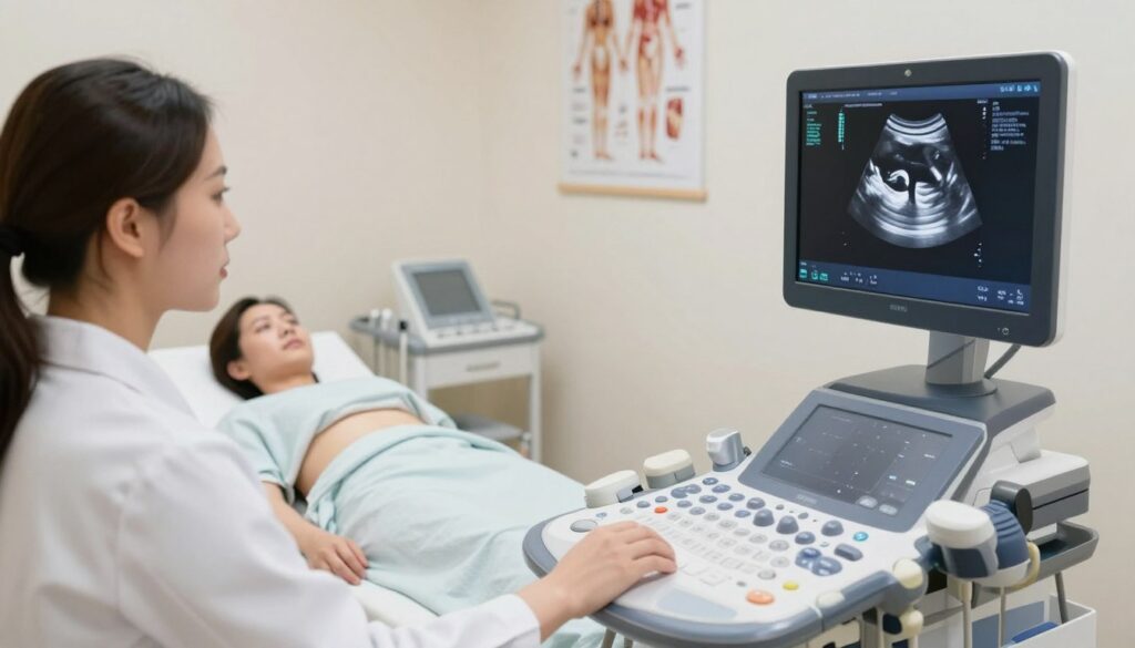 A medical ultrasound examination of the abdomen, featuring a professional healthcare provider conducting the procedure. The foreground shows the provider, dressed in a white lab coat, focusing on a state-of-the-art ultrasound machine displaying abdominal images. In the middle ground, a patient lies comfortably on an exam table, covered with a light blanket, appearing relaxed and attentive. The background features a clean, well-lit medical room with soft, diffused lighting to create a calm atmosphere, and anatomical posters on the walls enhancing the clinical environment. The angle captures both the provider and the screen clearly, emphasizing the importance of abdominal ultrasound in detecting potential health issues, like cancer.