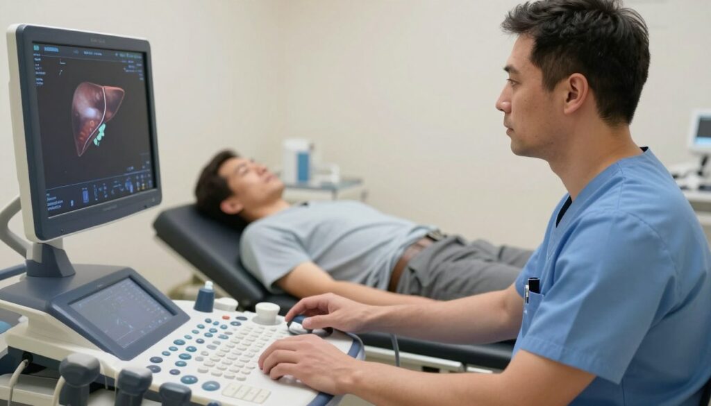 A medical ultrasound examination of the liver in a well-lit clinical setting. In the foreground, a healthcare professional wearing scrubs is attentively operating an ultrasound machine, viewing the monitor that displays a detailed image of the liver. The clinician has a focused expression, indicating diligence and care. In the middle ground, a patient is lying comfortably on an examination table, dressed in modest casual clothing, appearing relaxed and calm during the procedure. The background features medical equipment and soft lighting that enhance the sterile and professional atmosphere of the room. The overall mood is one of professionalism, trust, and tranquility, capturing the essence of a routine medical examination.