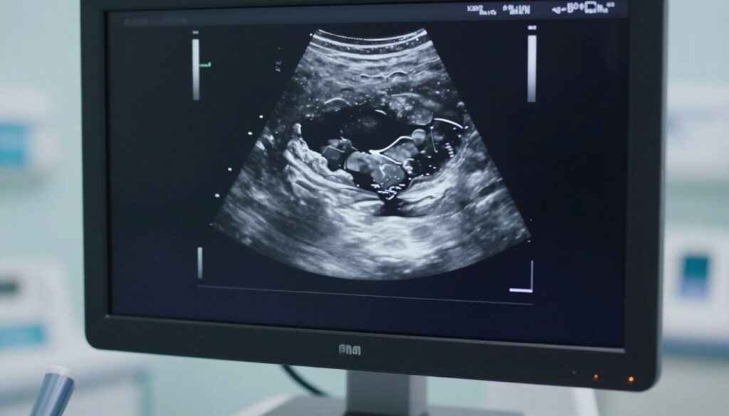 A medical ultrasound image depicting the presence of free fluid in the abdominal cavity. In the foreground, there is a clear and focused grayscale screen displaying ultrasound waves with a defined area showing fluid accumulation around the organs. In the middle, an anatomical illustration of the human body is subtly incorporated, highlighting the abdominal region with arrows pointing to areas of interest. The background features a soft-focus hospital environment, emphasizing a clinical, sterile atmosphere. The lighting is bright and clinical, reflecting a sense of urgency and professionalism. The angle captures a side view, allowing for clear visualization of the fluid presence. The overall mood is serious and informative, suitable for a medical context.