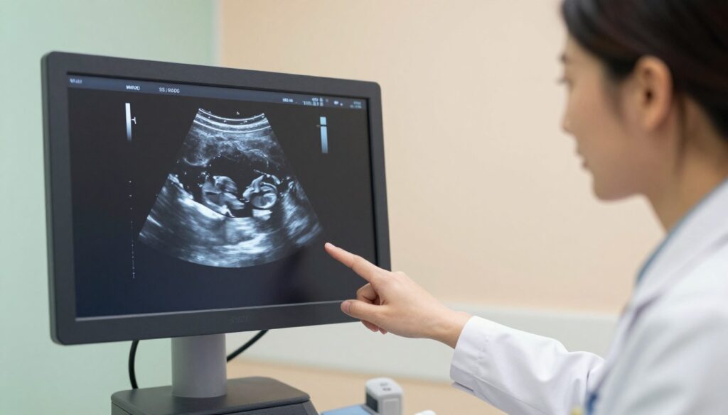 A medical ultrasound image showcasing an 8-week pregnancy. In the foreground, display a close-up of the ultrasound screen, highlighting the developing embryo, with visible heartbeats and key anatomical structures. The middle layer should include a healthcare professional, wearing a lab coat and gently pointing to the screen, demonstrating a caring and informative demeanor. The background can feature a soft-focus medical examination room with calming pastel colors, adding a sense of warmth and reassurance. The lighting should be soft and even, enhancing the details on the ultrasound screen while maintaining a professional atmosphere. The angle should be slightly tilted to capture both the screen and the healthcare professional's expression of focus and attentiveness.