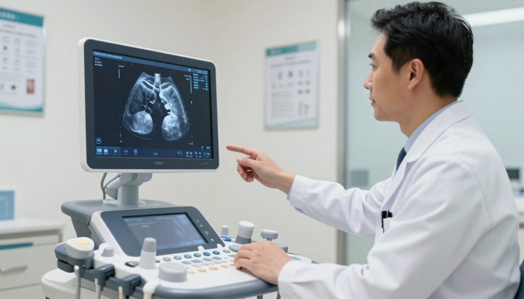 A medical ultrasound machine focused on lung imaging, placed in a modern, well-lit examination room. The foreground features a sleek ultrasound device, with a high-resolution screen displaying a cross-sectional view of human lungs, showcasing detailed anatomical structures. In the middle ground, a healthcare professional in a white lab coat examines the screen, looking attentive and knowledgeable, calmly explaining the procedure. The background showcases medical charts on the walls and soft, indirect lighting that creates a serene and professional atmosphere. The image composition should evoke a sense of trust and professionalism, highlighting the importance of lung ultrasound examinations in a clinical setting. The angle should be slightly from above, capturing both the professional and the ultrasound monitor clearly.