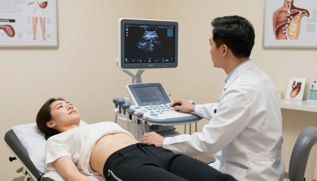 A medical ultrasound scene of a doctor performing an abdominal ultrasound on a patient in a well-lit examination room. In the foreground, the doctor, dressed in a crisp white lab coat, intently observes the ultrasound screen displaying a visual of abdominal organs. The patient lies comfortably on an examination table, modestly covered, with a focused yet relaxed expression. In the middle ground, the ultrasound machine is clearly visible, showcasing modern features and a large screen. The background consists of relevant medical charts and anatomical models of the abdomen on the walls, providing context to the examination. Soft, warm lighting enhances the clinical yet friendly atmosphere, emphasizing professionalism in a healthcare setting. The angle captures both the doctor’s concentration and the clarity of the ultrasound screen. A medical ultrasound scene of a doctor performing an abdominal ultrasound on a patient in a well-lit examination room. In the foreground, the doctor, dressed in a crisp white lab coat, intently observes the ultrasound screen displaying a visual of abdominal organs. The patient lies comfortably on an examination table, modestly covered, with a focused yet relaxed expression. In the middle ground, the ultrasound machine is clearly visible, showcasing modern features and a large screen. The background consists of relevant medical charts and anatomical models of the abdomen on the walls, providing context to the examination. Soft, warm lighting enhances the clinical yet friendly atmosphere, emphasizing professionalism in a healthcare setting. The angle captures both the doctor’s concentration and the clarity of the ultrasound screen.