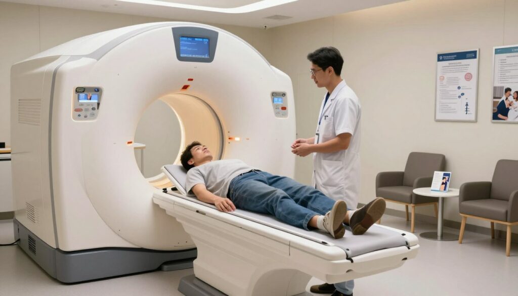 A modern MRI examination room with a sleek, high-tech design. In the foreground, a patient in modest casual clothing is being greeted by a friendly technician in professional attire, discussing the procedure ahead. The middle ground features the MRI machine, a shiny, cylindrical device, with soft lighting highlighting its contours, creating a calming atmosphere. In the background, the walls are adorned with informative posters about MRI scanning, and there’s a comfortable waiting area with chairs and a small table holding brochures. Soft, indirect lighting enhances the sterile yet welcoming environment. The angle captures the interaction between the patient and the technician, emphasizing the beginning of the procedure while minimizing distractions. The overall mood is reassuring and professional, inviting trust in the healthcare process.