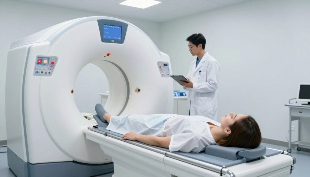 A modern MRI machine in a bright, sterile medical room with soft overhead lighting. In the foreground, a patient of Caucasian descent lies on the MRI table, wearing a comfortable hospital gown, looking relaxed yet focused. The MRI machine is detailed, showcasing the intricate coil structure and the large circular opening that characterizes these machines. In the middle background, a healthcare professional in a white lab coat is attentively monitoring the MRI process, using a tablet. The atmosphere is calm and professional, conveying trust and advanced medical technology. The color palette includes clean whites and soft blues, enhancing the clinical yet soothing environment. The image is captured from a slightly elevated angle, providing a comprehensive view of the MRI setup and the patient.