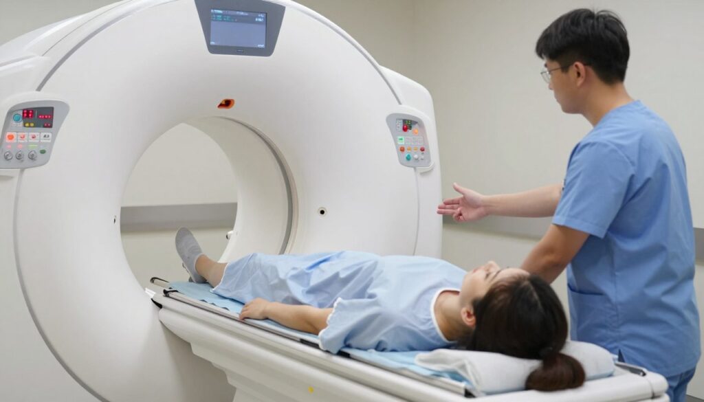 A modern MRI machine in a clinical setting, with a patient lying on the examination table, dressed in a hospital gown. The foreground features a close-up of the MRI apparatus, showcasing its circular opening and control panel, while in the background, a serene medical environment is visible, with soft, diffused lighting to create a calm atmosphere. A medical professional, dressed in scrubs, is operating the machine or explaining the procedure to the patient, ensuring a sense of professionalism. The scene conveys a sense of advanced technology and trust in the diagnostic process, highlighting the importance of MRI in modern medicine. The angle should give a slight perspective from the side, focusing on the interaction between the patient and the technician, emphasizing safety and care in medical practice.