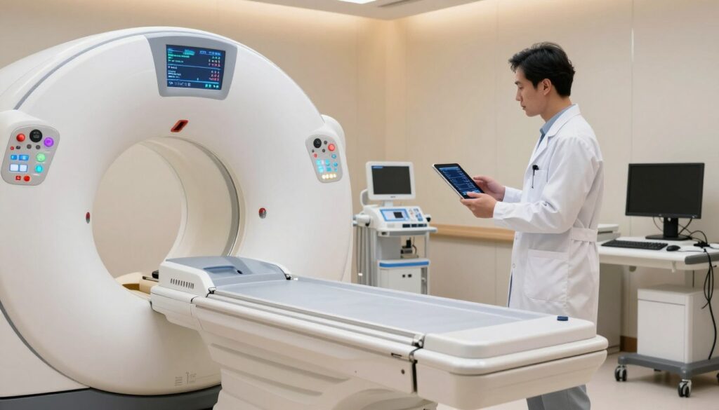 A modern and professional medical imaging room featuring a state-of-the-art CT scanner, prominently displayed in the foreground. The scanner should be sleek and futuristic, with visible controls and a digital display panel showing data related to costs. In the middle ground, a medical technician in a lab coat reviews a digital tablet, focused and attentive, analyzing financial metrics related to the cost of imaging procedures. The background includes soft, warm lighting that creates a calm and sterile atmosphere, with medical equipment and monitors positioned neatly along the walls. The overall mood is one of professionalism and precision, highlighting the financial considerations in medical imaging technology without any text or distractions. A modern and professional medical imaging room featuring a state-of-the-art CT scanner, prominently displayed in the foreground. The scanner should be sleek and futuristic, with visible controls and a digital display panel showing data related to costs. In the middle ground, a medical technician in a lab coat reviews a digital tablet, focused and attentive, analyzing financial metrics related to the cost of imaging procedures. The background includes soft, warm lighting that creates a calm and sterile atmosphere, with medical equipment and monitors positioned neatly along the walls. The overall mood is one of professionalism and precision, highlighting the financial considerations in medical imaging technology without any text or distractions.