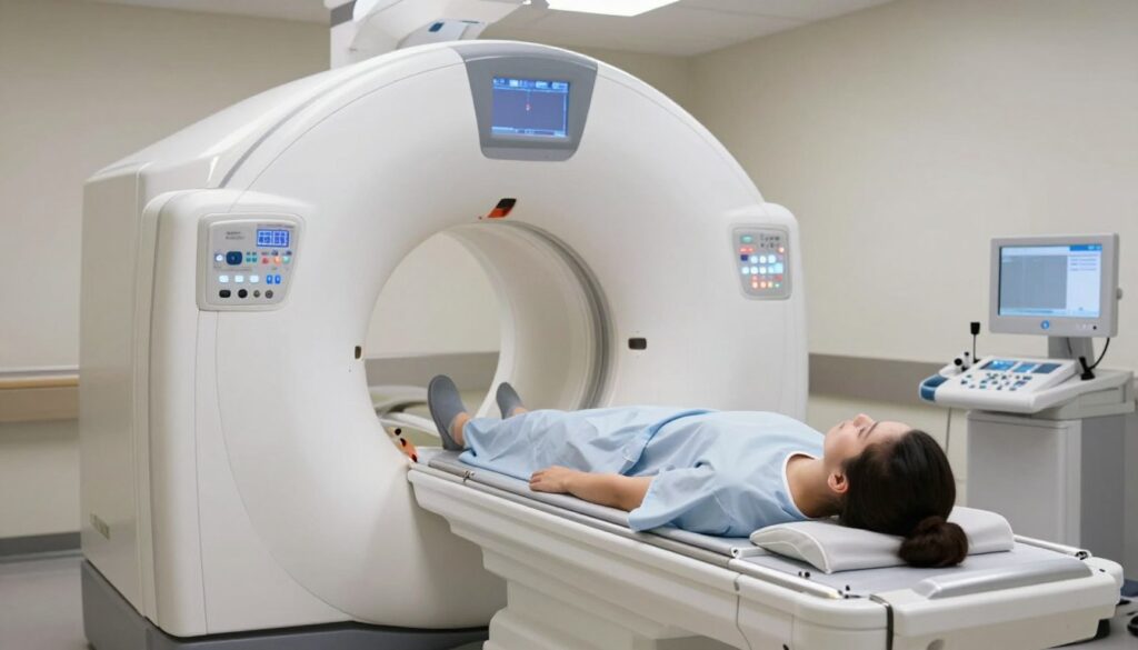 A modern computed tomography (CT) scanner in a clinical setting, capturing a patient lying on the bed while the scanning apparatus rotates around them. The foreground features the sleek CT machine with illuminated controls, while the patient, dressed in a modest hospital gown, is lying still and calm. In the middle ground, show the scanning arm in motion, with subtle digital displays indicating the scanning process. The background includes sterile medical equipment, soft overhead lighting creating a sense of clinical professionalism, and light reflections on the machine's surface. The atmosphere is focused and serene, emphasizing the cutting-edge technology in action during a CT scan.