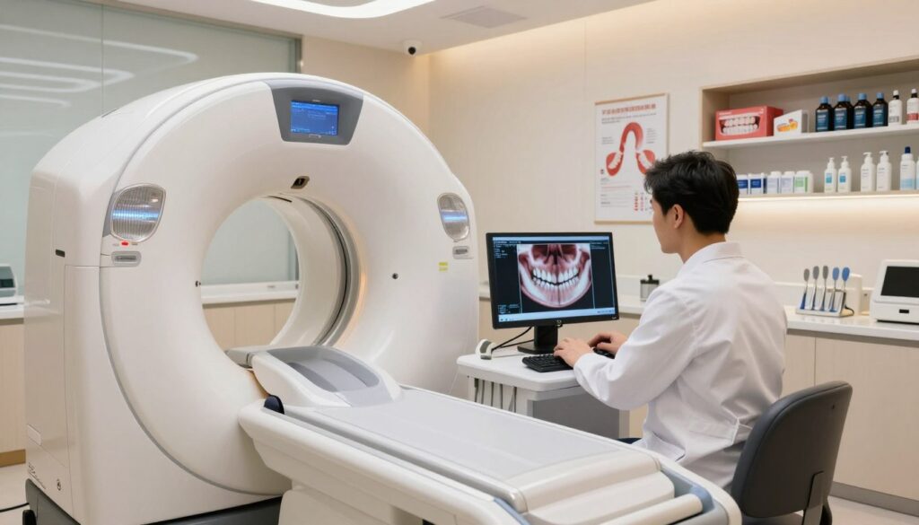 A modern dental clinic interior showcasing advanced dental imaging technology. In the foreground, display a high-tech dental cone beam CT scanner, sleek and futuristic. The middle ground features a professional dentist in a white lab coat, examining 3D images of teeth and jaw structures on a computer screen. Soft, ambient lighting illuminates the room, creating a calm and inviting atmosphere. In the background, shelves lined with dental care products and educational posters about oral health are visible. The angle should be slightly elevated, giving a comprehensive view of the setup while focusing on the interaction between the dentist and the imaging technology. The scene conveys a sense of professionalism and innovation in dental diagnostics.