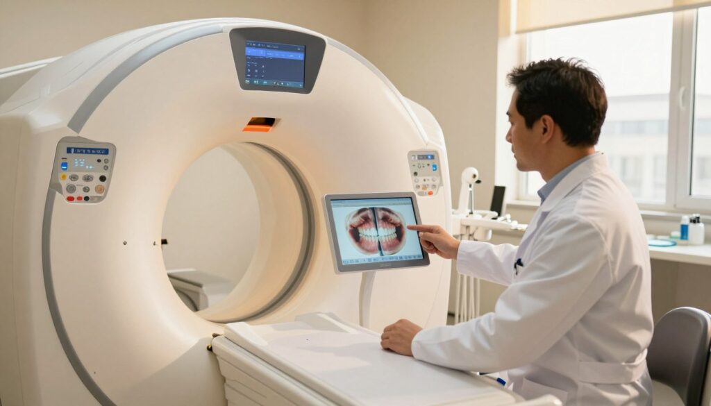 A modern dental clinic with a focus on advanced technology, featuring a 3D CBCT machine prominently in the foreground. The machine is sleek and futuristic, with a soft glow emanating from its controls. A dental professional, dressed in a crisp white coat, inspects a digital screen displaying a detailed 3D image of a patient’s jaw and teeth, illustrating precision and clarity. In the background, there are dental tools and an organized workspace, with natural light streaming through a window, creating a warm and inviting atmosphere. The mood is focused and professional, emphasizing the transformative impact of 3D imaging on treatment planning. The angle is slightly elevated, showcasing both the CBCT machine and the professional engaged in work.