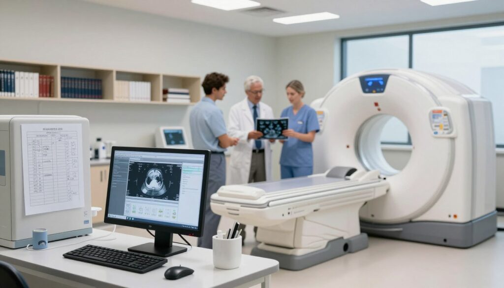 A modern diagnostic imaging lab featuring advanced medical equipment such as a CT scanner and MRI machine in a spacious, well-lit environment. In the foreground, show a clean, organized workspace with a computer displaying medical imaging software, alongside charts and diagrams related to diagnostics. The middle section should capture healthcare professionals in professional business attire, discussing and collaborating on imaging results. The background should include shelves with medical reference books and a large window providing natural light, creating an atmosphere of professionalism and innovation. Soft, ambient lighting highlights the technology, while a slight depth of field enhances focus on the equipment and staff. A modern diagnostic imaging lab featuring advanced medical equipment such as a CT scanner and MRI machine in a spacious, well-lit environment. In the foreground, show a clean, organized workspace with a computer displaying medical imaging software, alongside charts and diagrams related to diagnostics. The middle section should capture healthcare professionals in professional business attire, discussing and collaborating on imaging results. The background should include shelves with medical reference books and a large window providing natural light, creating an atmosphere of professionalism and innovation. Soft, ambient lighting highlights the technology, while a slight depth of field enhances focus on the equipment and staff.