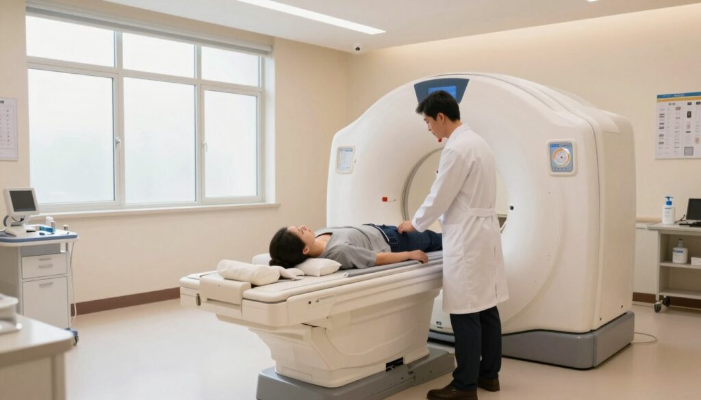 A modern diagnostic imaging room showcasing a magnetic resonance imaging (MRI) machine in a clean, well-lit environment. In the foreground, a healthcare professional in a white lab coat stands beside the MRI scanner, demonstrating how to prepare a patient for the scan. The middle ground features a comfortable examination table and medical equipment, while a large window in the background allows natural light to stream in, enhancing the atmosphere of trust and professionalism. The room is meticulously organized, with charts and medical supplies neatly arranged. Soft, warm lighting creates a welcoming and calm mood. The composition should be shot from a slight angle to capture both the MRI machine and the healthcare professional engaged with the patient, emphasizing the clinical setting and the importance of MRI diagnostics.