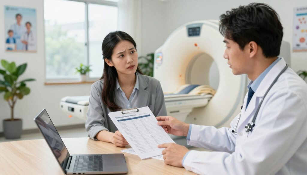 A modern healthcare office setting depicting a professional discussion between a doctor and a patient regarding private versus public healthcare options for MRI scans. In the foreground, the doctor, dressed in professional attire, sits at a desk with medical paperwork and a laptop open, gesturing towards a chart that displays timelines and requirements for MRI referrals. The patient, wearing smart casual clothing, listens intently, looking concerned yet engaged. In the middle ground, the office is well-lit with bright, natural light filtering through large windows, showcasing a calming environment with plants and healthcare posters on the walls. In the background, a medical imaging machine is partially visible, symbolizing the process of MRI scanning. The atmosphere is focused and informative, conveying a sense of professionalism and care.