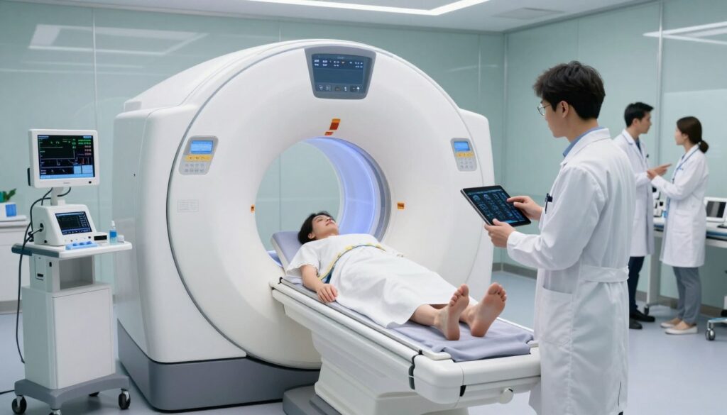 A modern hospital MRI room, featuring a sleek, state-of-the-art MRI machine at the center. In the foreground, a medical professional in a white lab coat checks information on a tablet, analyzing the scan results. A patient, wearing a hospital gown, calmly lies inside the MRI machine, surrounded by soft blue and white lighting that evokes a sense of tranquility and professionalism. In the middle ground, various medical tools and monitors display vital signs, contributing to the clinical atmosphere. The background includes glass walls with medical staff discussing procedures, ensuring a clean and organized space. The image captures the essence of a professional healthcare environment, emphasizing the efficiency and accuracy of MRI examinations. The overall mood is one of reassurance and care.