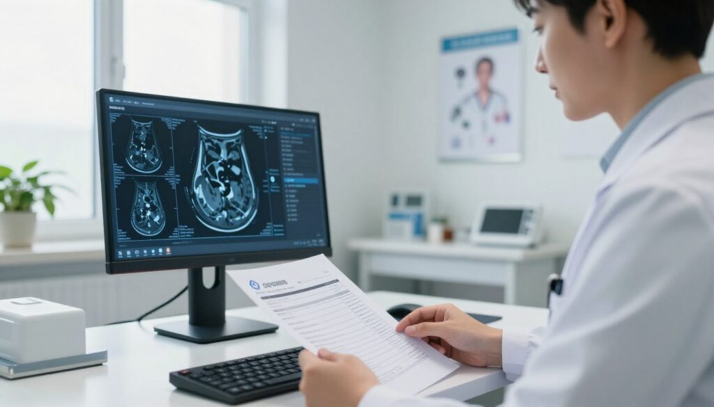 A modern hospital examination room featuring a digital screen displaying MRI images in high resolution. In the foreground, a close-up view of a medical professional, dressed in a white lab coat, studying a printed report with a focused expression. In the middle, a sleek computer desk with a monitor that has an open patient portal, highlighting easy access to medical results. The background shows soft natural light streaming through a window, creating a calm and reassuring atmosphere. The walls are adorned with medical posters, and a potted plant adds a touch of greenery. The image captures a sense of urgency and efficiency in retrieving MRI results, reflecting a professional and clinical environment.