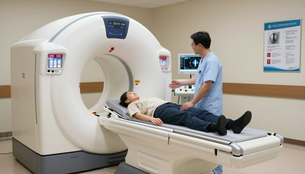 A modern hospital setting with a computed tomography (CT) scanner prominently in the foreground, showcasing the machine's sleek, circular design and glowing indicators. A technician in professional attire explains the procedure to a patient, who is comfortably situated on the examination table, dressed in modest clothing. The middle ground features a control panel with various screens displaying real-time data about radiation levels and safety measures. A soft, diffused lighting enhances the clinical atmosphere, casting gentle shadows that convey a sense of professionalism and care. In the background, there are medical posters emphasizing safety protocols and radiation information, creating an informative environment. The overall mood is reassuring and calm, instilling confidence in the safety of the procedure while highlighting the importance of understanding radiation in medical imaging.
