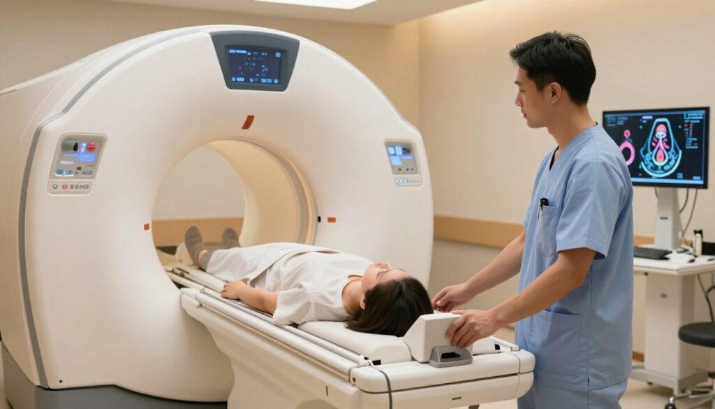 A modern magnetic resonance imaging (MRI) machine in a well-lit clinical setting, featuring a sleek, cylindrical design. In the foreground, a medical professional, dressed in scrubs and a lab coat, is adjusting the MRI machine, displaying their focused expression. The middle ground shows an open MRI scanner with a patient lying inside, calmly positioned, emphasizing the advanced technology of the imaging process. In the background, softly glowing monitors display colorful MRI scan images and anatomical structures, highlighting the diagnostic capabilities of the machine. The lighting is warm and inviting, creating a sense of professionalism and reassurance. The overall atmosphere is clinical yet soothing, reflecting the importance of MRI in modern medicine.