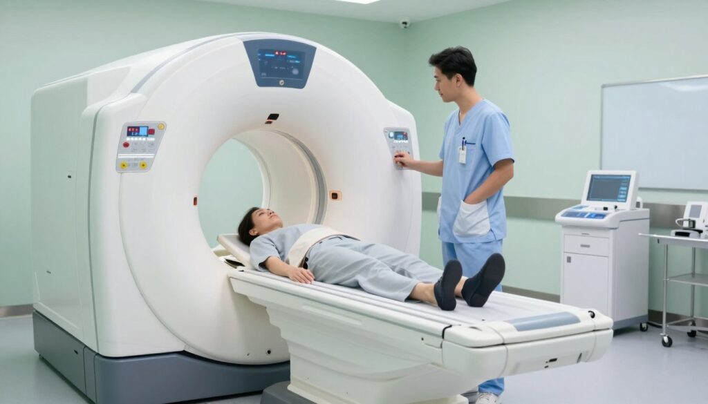 A modern magnetic resonance imaging (MRI) scanner in a clean, well-lit medical room. In the foreground, the MRI machine is depicted with its circular opening, sleek design, and advanced technology controls. In the middle ground, a medical professional in professional attire (scrubs or lab coat) stands beside the machine, preparing for a scan, while a patient lies comfortably inside, appearing calm and relaxed. The background features subtle medical equipment and soft green and blue hues, creating a serene atmosphere. Use soft, diffused lighting to enhance the clinical yet welcoming environment, ensuring a focus on the MRI machine's innovative features and the professionalism of the medical staff. The angle should highlight the equipment and create depth in the scene, emphasizing the key differences between MRI and CT scans as a visual representation of advanced medical imaging technology.