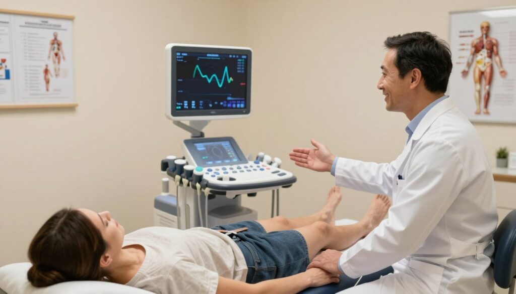 A modern medical examination room featuring a state-of-the-art Doppler ultrasound machine for examining lower limb veins. In the foreground, a healthcare professional in a lab coat is gently preparing a patient, who is reclining on an examination bed, dressed in modest casual clothing. The atmosphere is calm and reassuring, with soft, warm lighting creating a welcoming environment. In the middle ground, the ultrasound device displays colorful wave patterns on its screen, depicting blood flow, while the technician explains the procedure with a friendly smile. The background features medical charts and an anatomical model of the human body, emphasizing the clinical nature of the examination. The overall mood is professional, informative, and safe. A modern medical examination room featuring a state-of-the-art Doppler ultrasound machine for examining lower limb veins. In the foreground, a healthcare professional in a lab coat is gently preparing a patient, who is reclining on an examination bed, dressed in modest casual clothing. The atmosphere is calm and reassuring, with soft, warm lighting creating a welcoming environment. In the middle ground, the ultrasound device displays colorful wave patterns on its screen, depicting blood flow, while the technician explains the procedure with a friendly smile. The background features medical charts and an anatomical model of the human body, emphasizing the clinical nature of the examination. The overall mood is professional, informative, and safe.