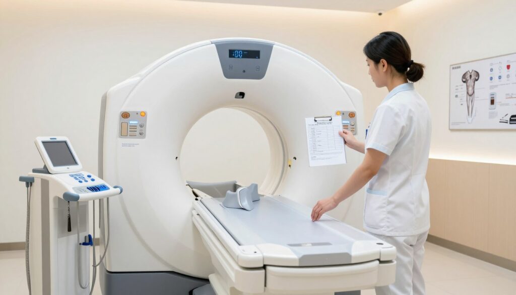 A modern medical examination room featuring a state-of-the-art tomography machine, centered in the foreground. A healthcare professional, dressed in a clean, professional medical uniform, is preparing the machine for a patient. In the middle ground, there is a checklist on a clipboard, detailing steps for preparation before a CT scan with and without contrast. The background shows softly illuminated walls and medical diagrams related to CT scans. The lighting is bright and clinical, emphasizing cleanliness and professionalism. The atmosphere is calm and reassuring, inviting trust and comfort for patients facing the procedure.