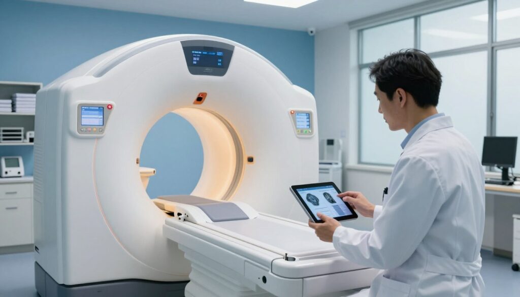 A modern medical examination room focused on a CT scanner, showcasing its sleek design and advanced technology. In the foreground, a medical professional dressed in a professional white lab coat is attentively reviewing patient data on a digital tablet. The middle of the image features the CT scanner, with soft, warm lighting emphasizing its contours and state-of-the-art control panel. In the background, shelves filled with medical charts and equipment create a clinical atmosphere. The room has large windows letting in natural light, enhancing the welcoming mood. The color scheme is calm and professional, with blues and whites dominating, giving a sense of trust and reliability in diagnostic procedures.