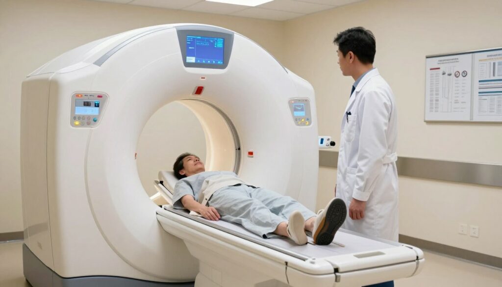 A modern medical examination room focused on a patient undergoing a sinus MRI scan. In the foreground, an MRI machine dominates the scene, showcasing its sleek, white design and glowing screens. A medical professional, dressed in a lab coat, stands beside the machine, attentively monitoring the process, exuding an air of professionalism and care. The patient, a middle-aged individual, is comfortably positioned inside the MRI, looking calm and relaxed. In the background, soft, diffused lighting creates a soothing atmosphere, while medical equipment and charts are neatly arranged on walls to suggest a fully equipped facility. The scene captures the essence of a typical sinus resonance examination, highlighting the technological sophistication and the patient-centered environment of a medical facility. A modern medical examination room focused on a patient undergoing a sinus MRI scan. In the foreground, an MRI machine dominates the scene, showcasing its sleek, white design and glowing screens. A medical professional, dressed in a lab coat, stands beside the machine, attentively monitoring the process, exuding an air of professionalism and care. The patient, a middle-aged individual, is comfortably positioned inside the MRI, looking calm and relaxed. In the background, soft, diffused lighting creates a soothing atmosphere, while medical equipment and charts are neatly arranged on walls to suggest a fully equipped facility. The scene captures the essence of a typical sinus resonance examination, highlighting the technological sophistication and the patient-centered environment of a medical facility.